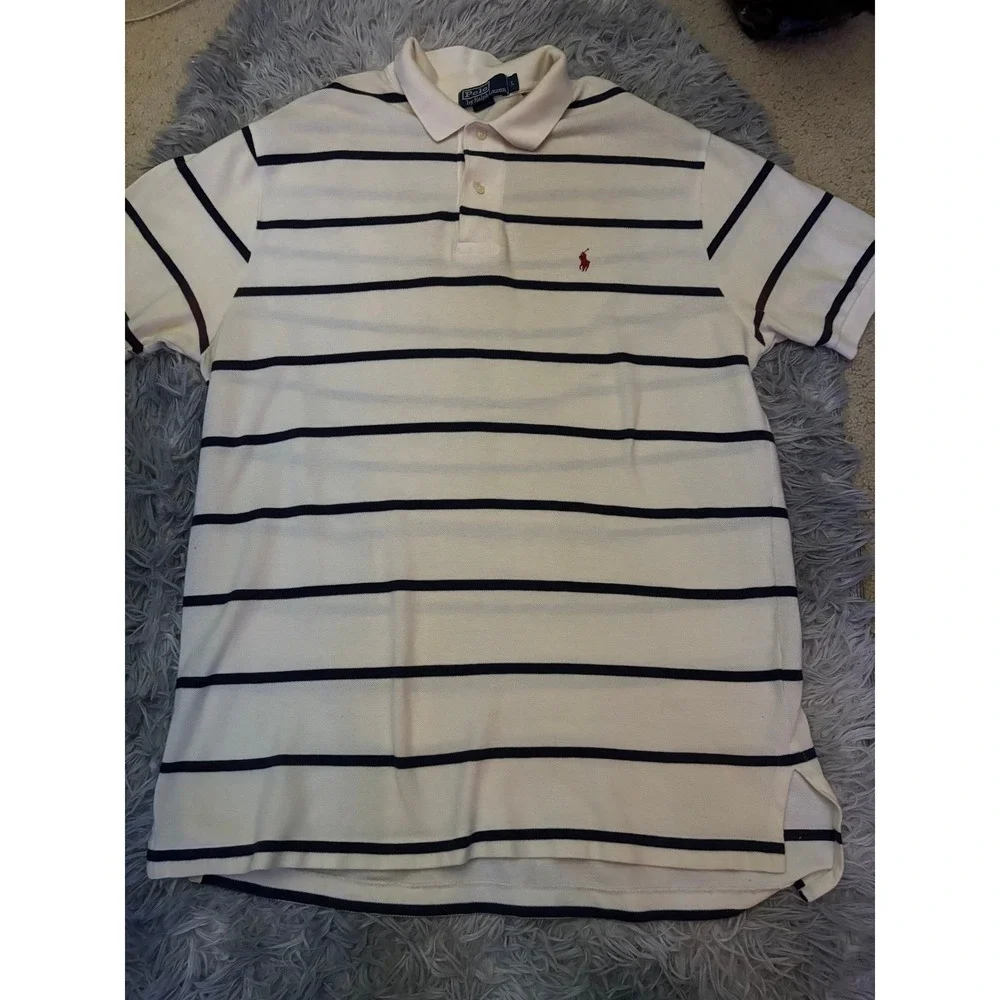 Polo Ralph Lauren Mens L Striped Polo Shirt White Navy Blue Red Pony Logo Cotton
